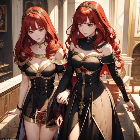 (( best quality)), ((masterpiece)), ( Details), （ perfect face）、The woman is Celica with red hair, wears a luxurious black dress and is the demon queen, the wife of the demon king who is dressed with luxurious accessories adorned with jewelled accessories