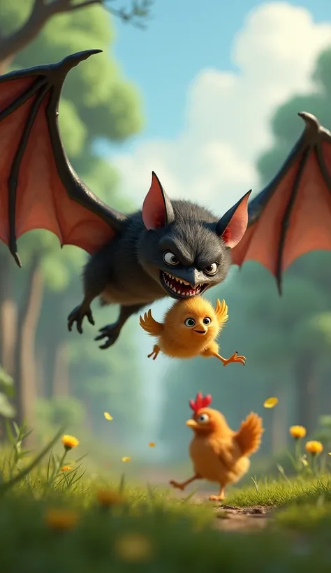 A terrible bat took the baby chicken in its mouth and ran away. The chicken saw all this and ran after it angrily.
3 d  animation 
