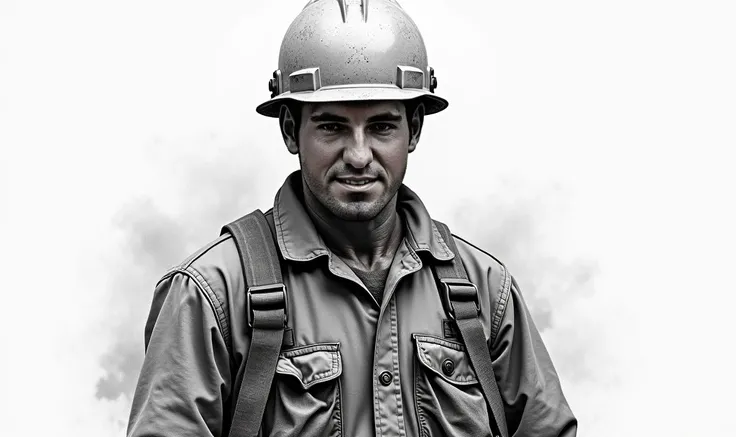  An impressionist pencil portrait , depicting a guy in special road worker clothes and a helmet, artfully shaded ,  to create depth ,  made in black ink on white paper ,  surrounded by charcoal dust .