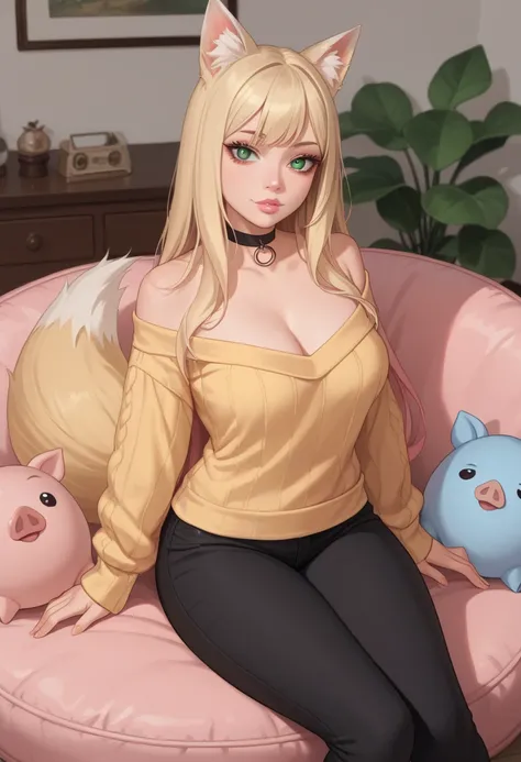  Create an image of an anime girl, 19 years old, fox ears, fox tail , long hair, green eyes, very dark big circles under eyes, dark circles under eyes, blonde hair, pink lips, black trousers, choker, yellow sweater, Sitting in a pink beanbag chair , mini p...