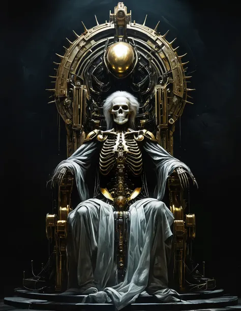 a god-emperor rotten body half skeleton on a throne, millions of high-tech tubes connected to his body and computers, imperial pose, prothesis left cyborg eye; the golden throne is in top of big stairs and the point of view is from down point; dystopian fu...