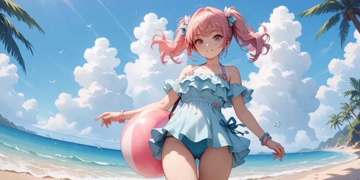 anime girl, beach, thigh up, pink hair, standing, dynamic perspective, front view, big tits, playing with water