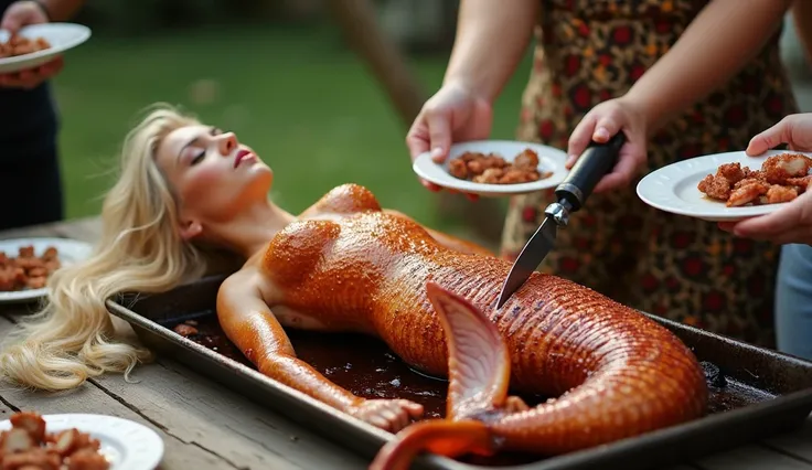 a backyard barbecue. An attractive blonde mermaid has been barbecued, she has caramelized skin and is flat on her back facing left with eyes closed on a serving tray on the picnic table. The right side is cut up into 2 inch slices. An attractive brunette w...