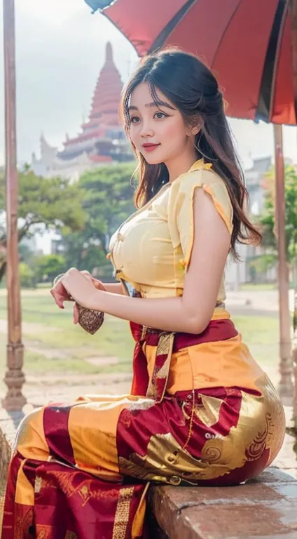 The World Heritage Site of Bagan Pagoda (Ananda Pagoda, Sabtanyu Pagoda, Shwe Sigon Pagoda, Lokananda Pagoda, Dhammaranggyi Pagoda) is in the background. A young woman in her 20s is posing in various poses and styles. The best and highest quality photo was...