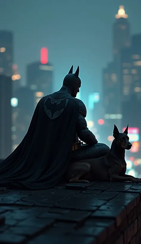 High above Gotham City, Batman sits calmly on the edge of a dimly lit rooftop, his cape billowing softly in the cool night breeze. Beside him, a sleek Doberman rests quietly, its sharp ears alert and its piercing eyes scanning the city below. The neon glow...