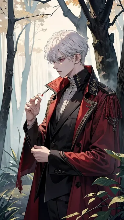 8k, masterpiece, best quality, highly detailed, 1 male, warlock, white hair, sinister, gloomy, expressionless, red and black trench clothes, thin, close up view, rings, looking at viewer, standing, holding pistol, smoking cigarettes, female fairy over shou...