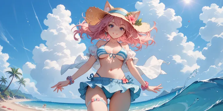 anime girl, beach, thigh up, pink hair, standing, dynamic perspective, front view, big tits, playing with water