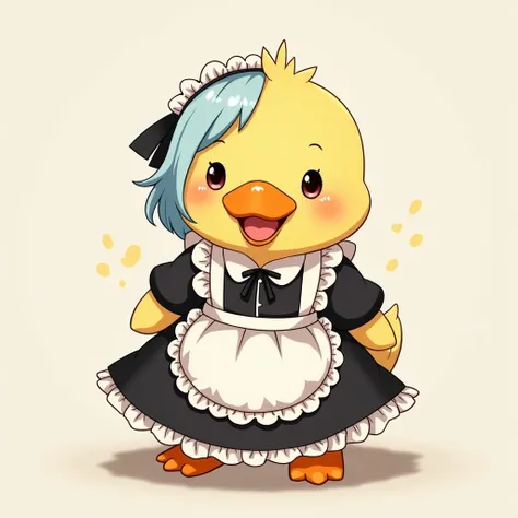 SD cute yellow Duck cosplay with black and white maid suit with light blue short hairstyle same like anime Rem re-zero