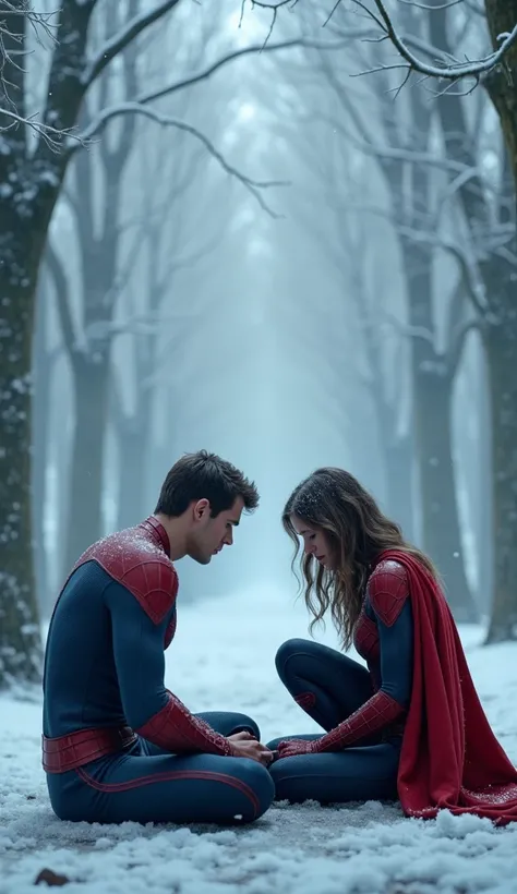 Two superheroes, a male figure in a red-and-blue suit with web patterns and a female figure in a red-and-blue suit with a cape, sitting forward and crying in an icy forest. The forest features frost-covered trees, mist drifting between them, and gentle sno...