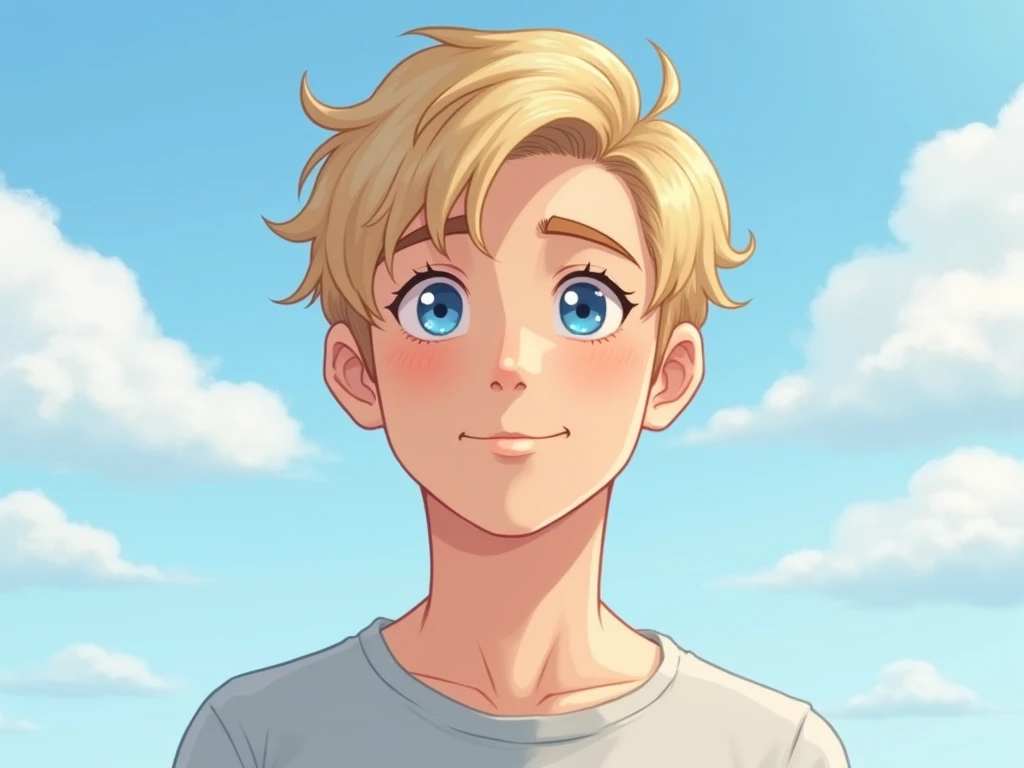  The image shows a close up of a young man with blond hair and blue eyes , with a slight smile.  He wears a light gray t-shirt and is set against a background of a blue sky with white fluffy clouds,  which creates a calm and serene environment . The drawin...