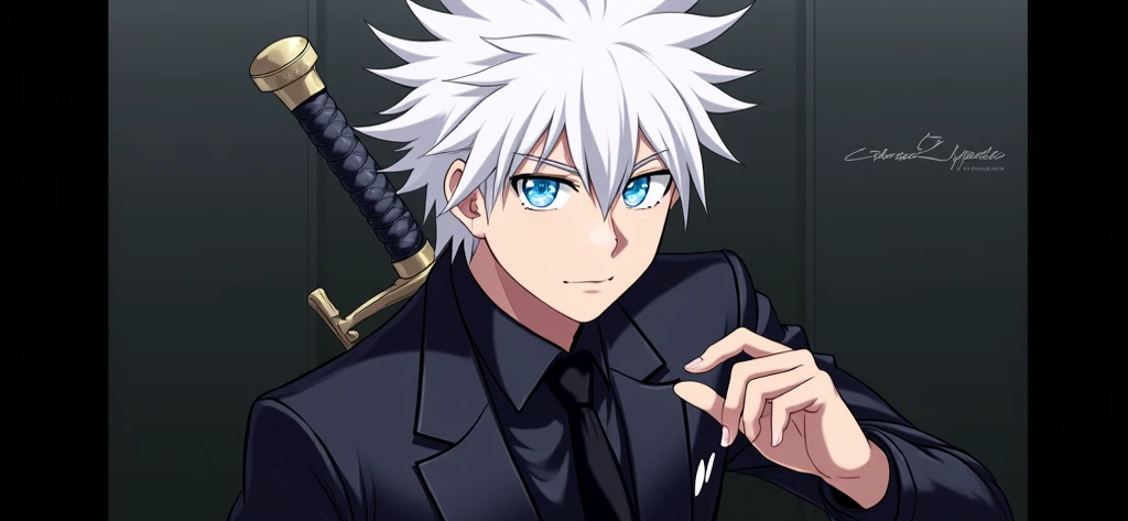 A man dressed in black with a picture, white all-back hair, and shiny blue eyes, wearing a sword, and a black suit in anime