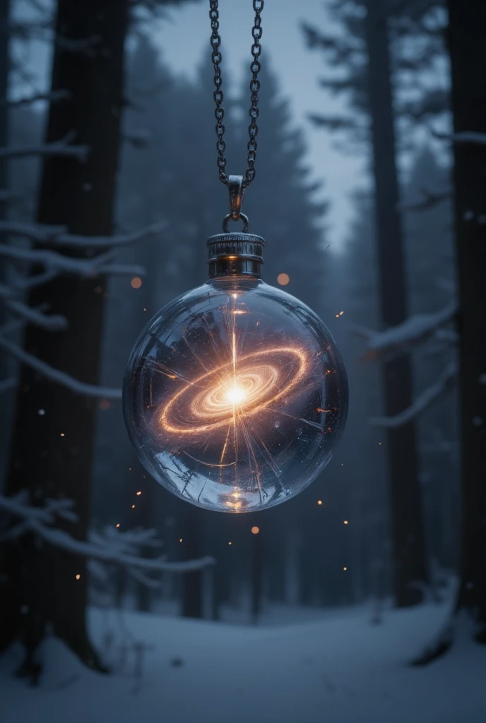 A galaxy with a supernova explosion in a glass pendant cracked by that explosion, that hangs on a chain. Dark scene, in the background a dark forest,
Glow effect, snowing around