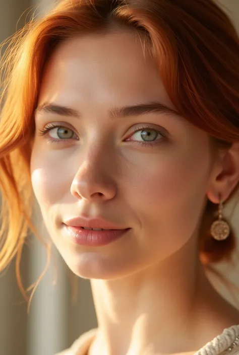 A beautiful model with red hair and blue eyes, wearing earrings, close-up of her face in a full front portrait against a light background in the style of ultra-realistic photo with an orange color scheme depicted with high definition and natural lighting. ...