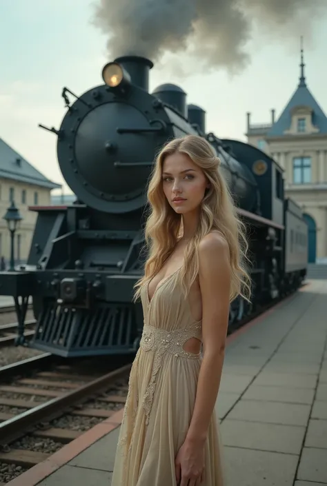 Ultra Realistic photography, full body portrait ,  A beautiful 28-year-old woman ,  standing (((outdoors)))  on a train station platform from the 19th century. century,  a huge black steam locomotive ,  Steam locomotive steaming ,  1910 station building be...