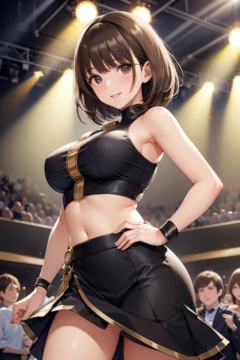  place your hands on your hips no 、 shiny brown hair on background,  shorthair, ( beautiful brown eyes、  Sparkling Eyes  , fine grain)、smile、 super detailedな目、 highly detailed face ,  very detailed eyes,


Only one woman, Dancing, ( dynamic pose ),  stylis...