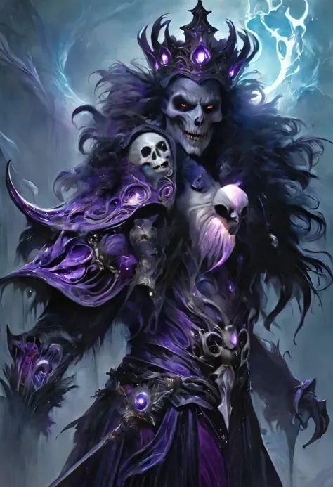 A surge of art, deep purple ink art, Detailed painting, skull woman with glowing purple crown and purple mantle, crazy evil smile, Dark Fantasy, surrealistic atmosphere, Luminous, UHD, dark vivid colors, In the style of horror fantasy, magic, Digital illus...