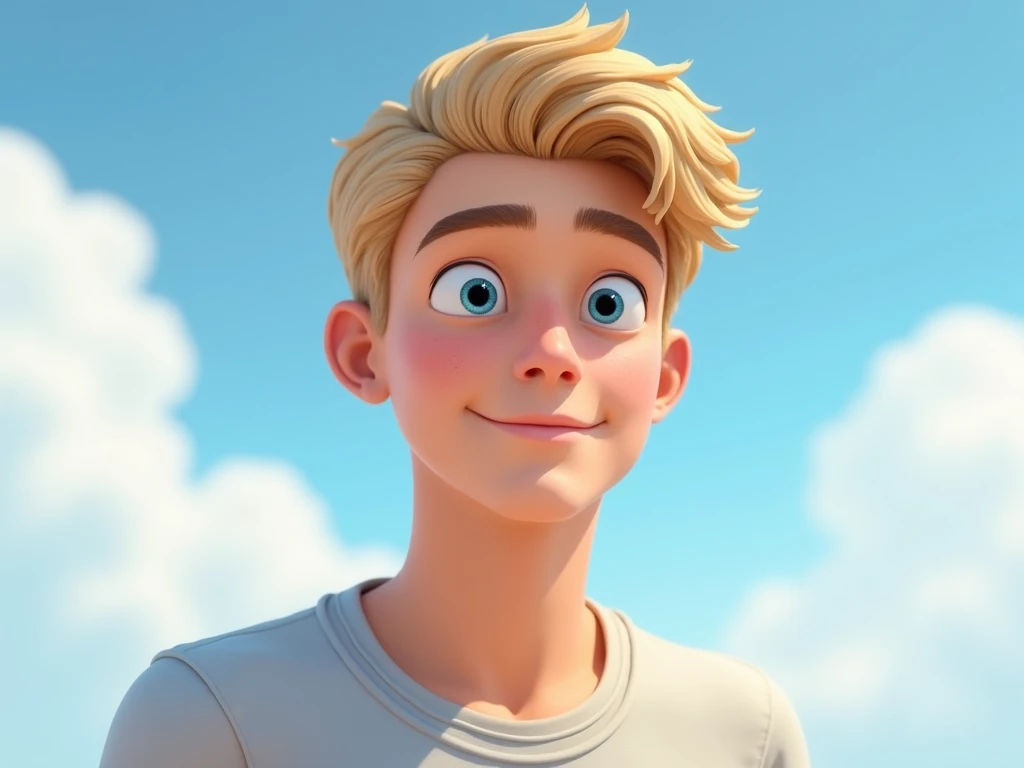  The image shows a close up of a young man with blond hair and blue eyes , with a slight smile.  He wears a light gray t-shirt and is set against a background of a blue sky with white fluffy clouds,  which creates a calm and serene environment . The drawin...