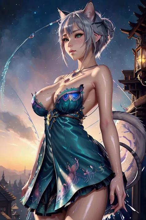 Tia is shown to have a fairly slender figure. She has white-grey hair , she has short hair and large pale green eyes,(masterpiece, ultra-detailed, beautiful anime artwork with Cat Ear Dress & Necklace, ArtGerm & Guweiz style, ArtStation & pixiv praised, dy...