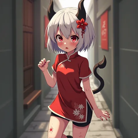 A young anime ,wearing a red qipao.She has white short hair with bangs and a red lily hairpin.Short pants and black chinese style shoes.She has red
 eyes,clear skin,black horns and tail and has a scared expression.She got beaten up in an alley