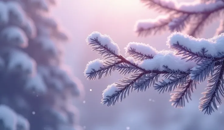 Snow-covered fir branch with a purple png tint