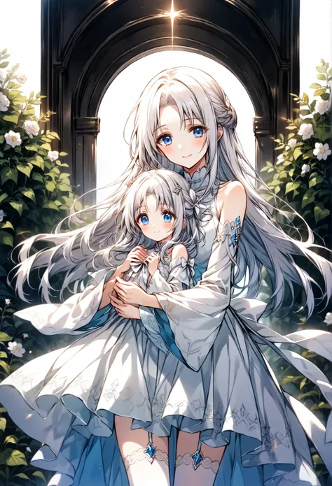  alone, girl, ((หญิงgirlวัยผู้ใหญ่),  Mothers Warmth , Feeling happy,  Gentle Look Warm ,  look at the audience , White hair, Long hair,  horse face,  Blue Eyes , Bare shoulders, Long white dress, Vent,  Wide Arms,  Split Sleeves ,  Thigh Length White Sock...