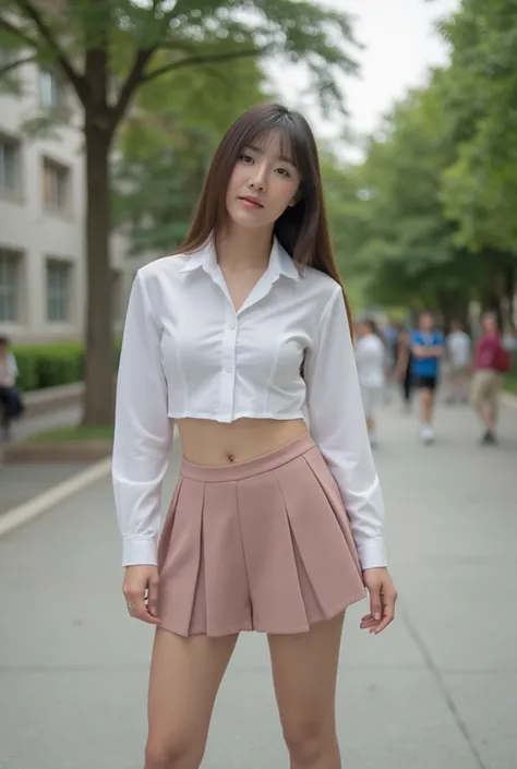 beautiful asian girl, thai university fit shirt, very short skirt, fit shirt