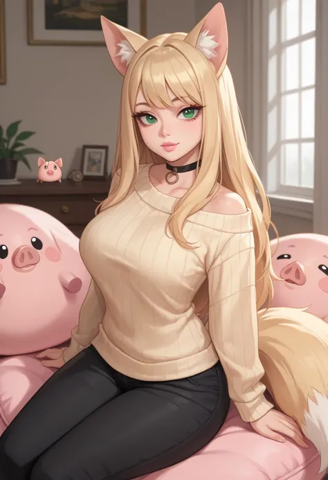  Create an image of an anime girl, 19 years old, fox ears, fox tail , long hair, green eyes, very dark big circles under eyes, dark circles under eyes, blonde hair, pink lips, black trousers, choker, yellow sweater, Sitting in a pink beanbag, taking a pig,...