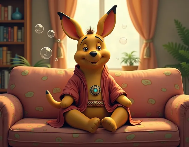 Winnie the Pooh Kangaroo Guru, sitting on the couch, happy, 4K,  cartoon