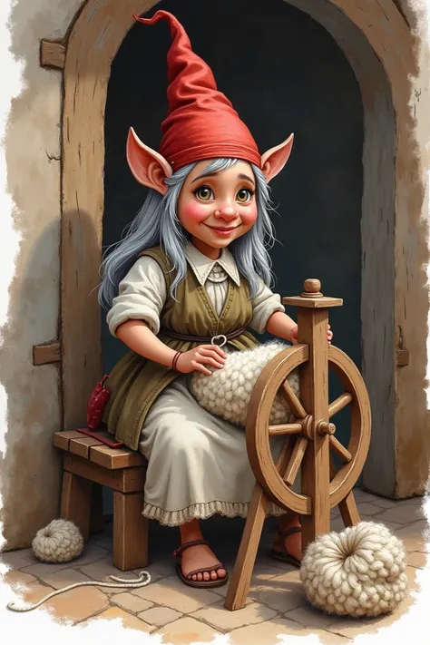 Make the image in medieval watercolor style of a gnome woman with dark skin with a large, rounded nose, 30 years old, her silver hair and eyes and a beautiful smile wearing a pointed red hat 
spinning wool on a spinning wheel