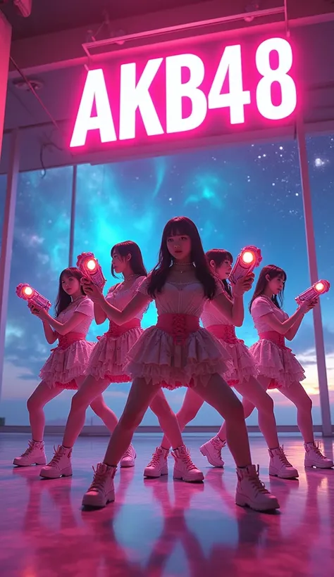 ( best quality:1.4), (  Masterpiece :1.4), ( high definition :1.2), ( very detailed:1.2), Human Body Proportions,
 5 girls,  Korean Girl, ( Defense with dual-wield technology :1.4),  dynamic pose ,  king bang , Idol Costumes, "AKB48"Neon sign , I can see t...