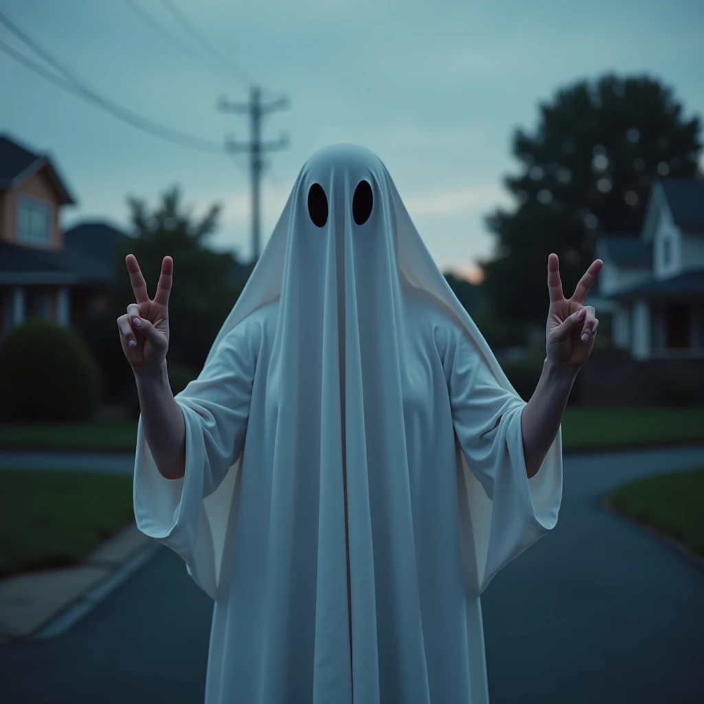  The man is dressed in a white sheet ghost costume ,  completely covering the face and body .  He makes rock and roll gestures with his hands :  one hand shows a peace sign , the other is a “goat” .  The person is in the center of the frame looking directl...