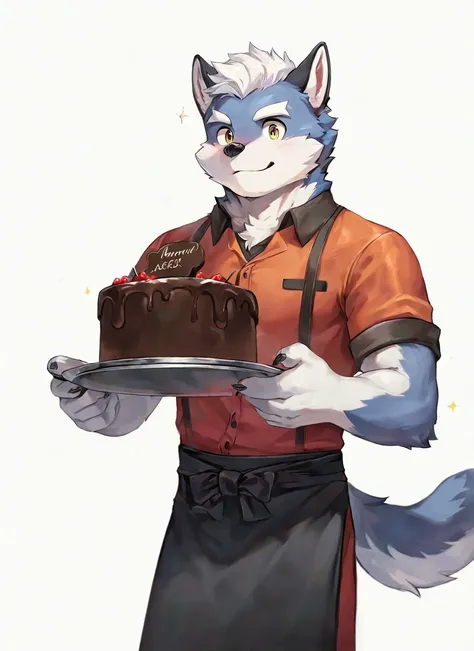 male, furry, 1boy, young wolf, handsome, menly, white eyebrows, waiter, serving a chocolate cake  BREAK high res, best quality, 8k, for real