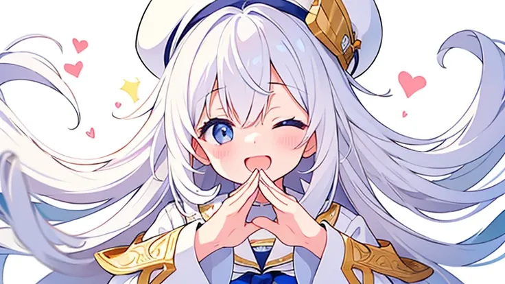 Pure white background、 is bursting out laughing、 making hearts with their hands 、  white hat with gold decoration、Long white hair、Sailor&#39;   white uniform  