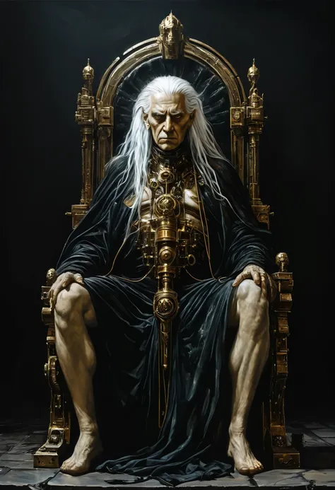 a god-emperor rotten body; really slim old man; half old meat seating on a throne for 40.000 years; millions of industrial high-tech tubes connected to his body and computers TV screens; imperial pose; body full of prothesis and cyborg eyes; the golden thr...