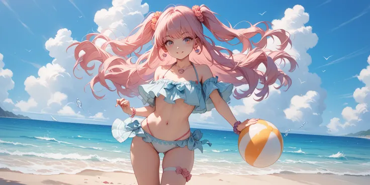 anime girl, beach, thigh up, pink hair, standing, dynamic perspective, front view, big tits, playing with water