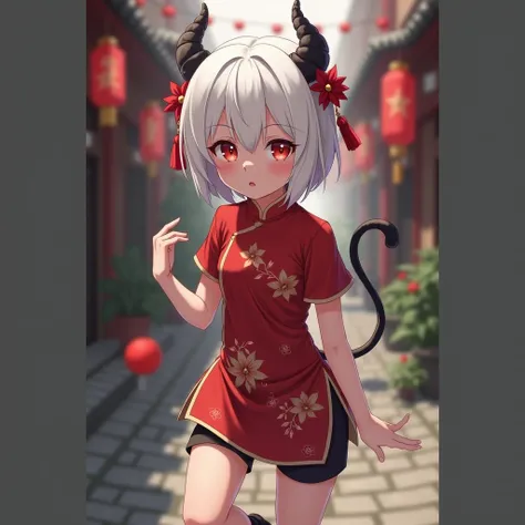 A young anime ,wearing a red qipao.She has white short hair with bangs and a red lily hairpin.Short pants and black chinese style shoes.She has red
 eyes,clear skin,black horns and tail and has a scared expression.She got beaten up in an alley,and she is k...