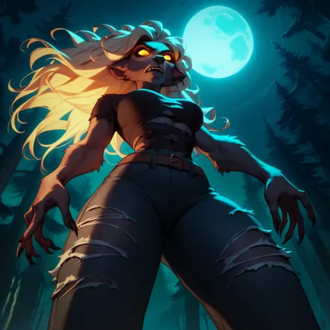 1Female, werewolf, lean but masculine, long black tangled hair, glowing golden eyes, towering, dark fur, curvaceous, wild look, wearing simple ripped clothes, night, forest, moon, cowboy shot, low-angle shot