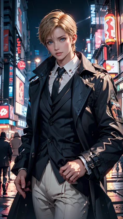 24 year old Caucasian female、Blonde、 blue eyes、 long lashes、Eye Makeup、 lip gloss 、night、 cyberpunk 、 Blade Runner 、Rainy Los Angeles 、 crease suit tie、 Long Coat 、holding a blaster