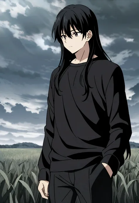 anime coloring,1boy, black hair, black pants, black shirt, black sweater, closed mouth, cloud, cloudy sky, cowboy shot, field, hair between eyes, long hair, long sleeves, male focus, outdoors, pants, sky, solo, standing, sweater