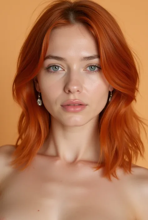 A beautiful model with red hair and blue eyes, wearing earrings, full frontal full body image against a light background in ultra-realistic photo style with an orange color scheme portrayed with high definition and natural lighting. The image shows intrica...