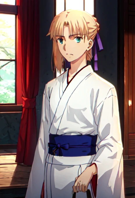  best quality,   Masterpiece ,  high definition , Alone, {knowing_Fate/stay night Ufotable:0.90}, { white kimono:1.35}, {Red Hakama:1.35}, { wide sleeve :1.20}