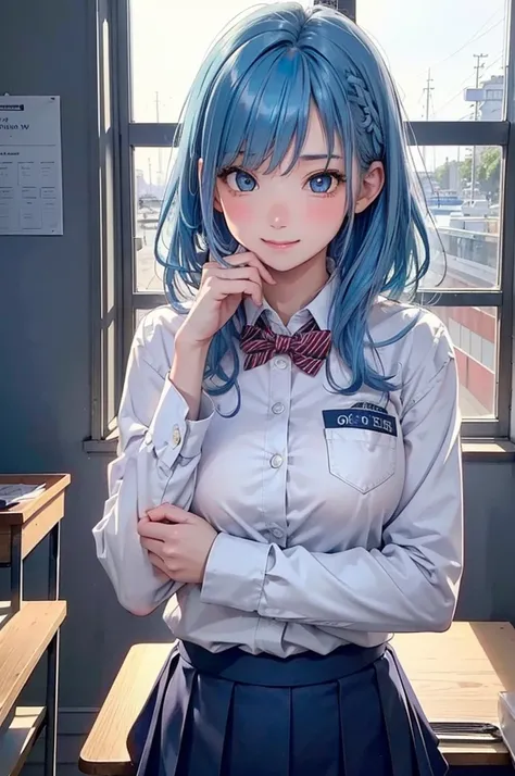 ( BEST QUALITY IN THE NORDIC PORT TOWN, high definition ,8k,inelity detailed background, Masterpiece:1.2),  pretty girl,Big Breasts,( glossy light blue hair:1.3), ,long hair, messy hair, ,Beautiful light blue eyes,winter,Winter clothes,school uniform,blaze...