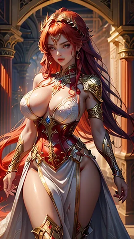 (Masterpiece, highest quality, Best Quality, Beautiful and aesthetic:1.3), full-body portrait, epic cinematic fantasy art, a stunning and powerful redheaded female paladin clad in intricate fantasy-style dress. Her dress is highly detailed, crafted with si...