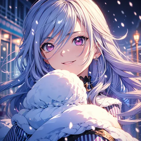 (  Masterpiece ,  best quality, beautiful、And aesthetic :1.3),  1 girl , Alone, 軽いsmile,  ( purple stripes on silver blue hair :1.4),   long hair,  wavy hair,  shiny black hair, Floating Hair, ( bright red eyes),  delicate eyes , Aqua Eyes,  ultra-detailed...