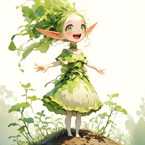 A Chibi daikon lady in long green dress, pointy ears, happy smile spreading arms, simplified, minimalism