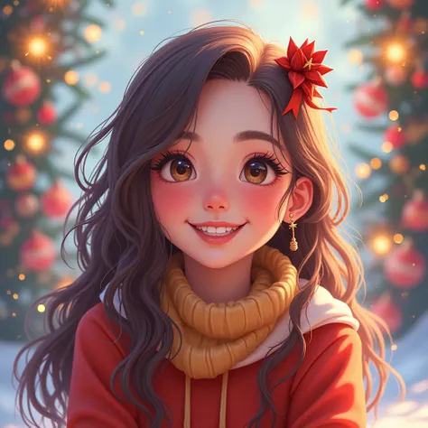 happy  Christmas,  happy cute girl , adorable , girl,  beautiful and detailed face ,   beautiful detailed eyes ,  beautiful and detailed lips ,  long eyelashes , smiling,  happy expression , Lovely,  Christmas, colorful,   bright colors  , fancy, digital p...