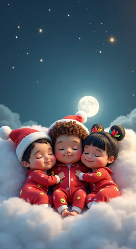 Inspired by the arts in the films of Disney Pixar characters in 3D in high resolution and high quality, create the image of three babies sleeping in Christmas-themed pajamas. The red pajamas with yellow emojis wearing hats. Christmas hats. The three babies...