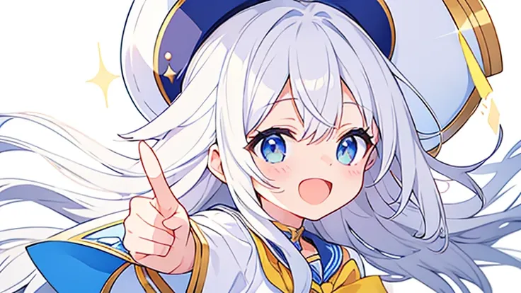 Pure white background、 is bursting out laughing、Pointing finger、  white hat with gold decoration、Long white hair、Sailor&#39;   white uniform  