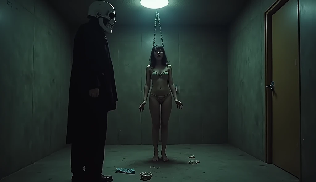 A beautiful Japanese high school girl is fully nude in a large closed room in a dark basement, exposing her beautiful butt and G-cup breasts. Her hands were chained and she was suspended in the air, screaming. The bikini she was wearing was scattered aroun...