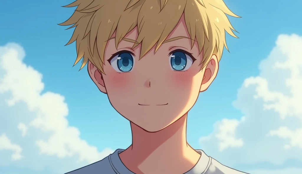  The image shows a close up of a young man with blond hair and blue eyes , with a slight smile.  He wears a light gray t-shirt and is set against a background of a blue sky with white fluffy clouds,  which creates a calm and serene environment . The style ...